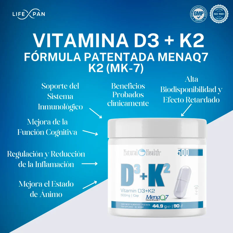 Vitamina D3 + K2 | Patentada MenaQ7 es la K2 - Mk-7 | Alta biodisponibilidad y efecto de liberación prolongada| 90 cápsulas